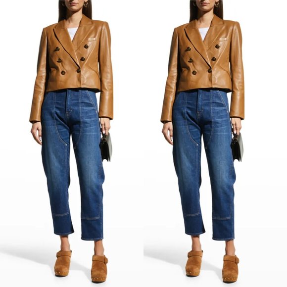 Veronica Beard Nevis Leather Cropped Jacket Size 8 Camel Brown Double-Breasted - Picture 1 of 9
